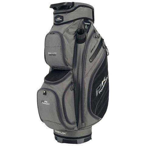 A gray golf bag stands upright designed to hold golf clubs with multiple compartments for accessories featuring a water bottle holder and branded logos in a simple yet functional design.