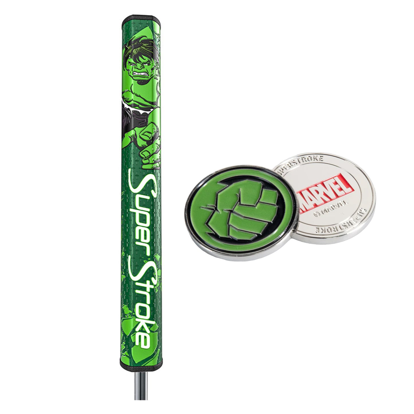 A green golf putter grip features a Hulk design with the text SuperStroke prominently displayed alongside a round marker with Hulk's fist and the Marvel logo on it.