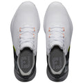 A pair of modern athletic shoes features a predominantly white upper with black and gray accents showing laces and branding on the heel situated against a plain background.