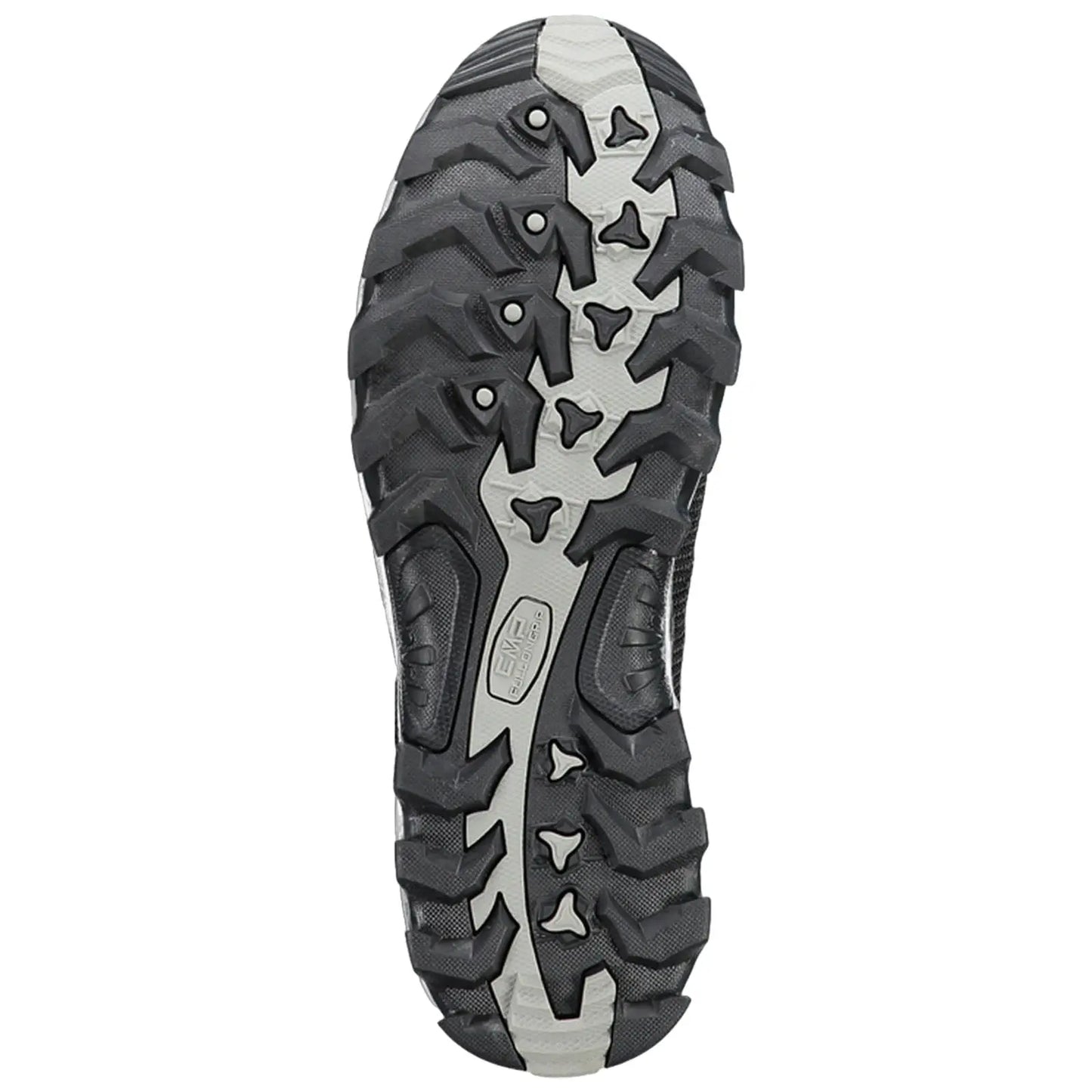 A rugged black shoe sole features prominent treads and grooves designed for traction on uneven surfaces indicating its use for outdoor activities or sports