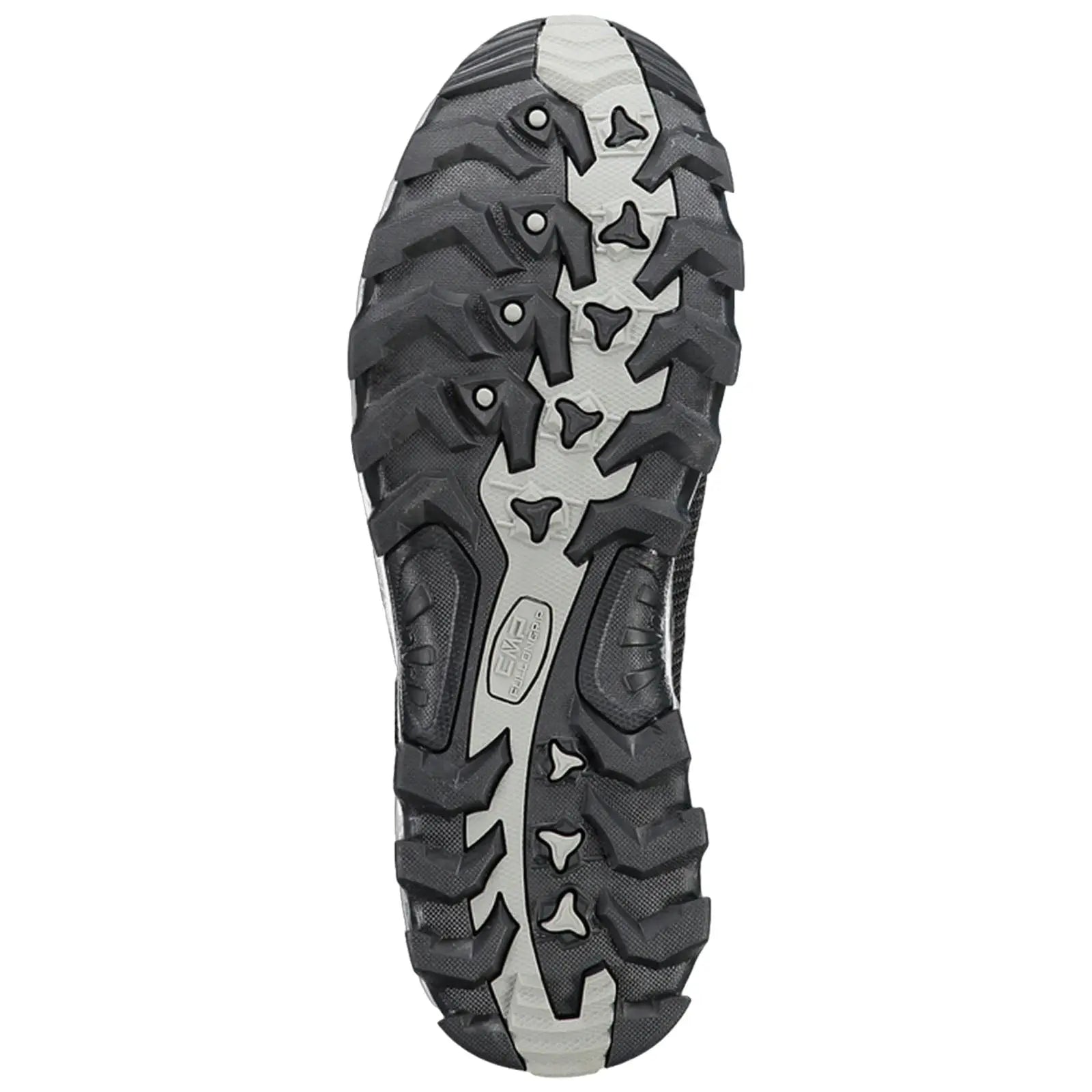 A rugged black shoe sole features prominent treads and grooves designed for traction on uneven surfaces indicating its use for outdoor activities or sports