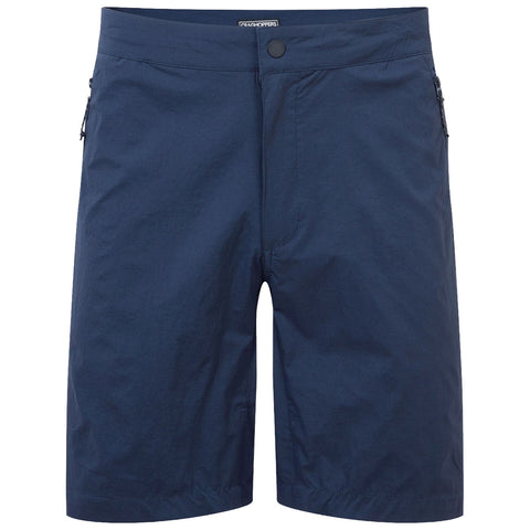 Navy blue shorts with a button closure feature two zippered pockets on the sides and a smooth fabric texture suitable for casual wear or outdoor activities.
