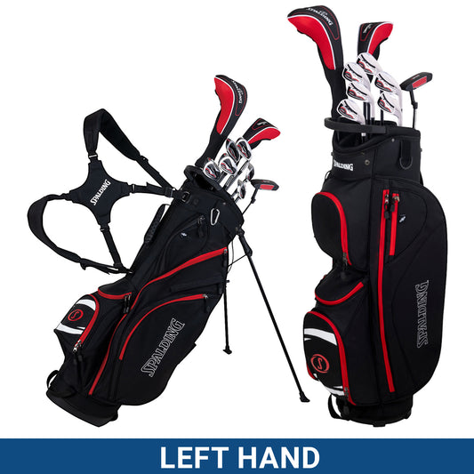 A black and red golf bag stands upright holding several clubs with grips facing up featuring a shoulder strap on one side and labeled "LEFT HAND" at the bottom.