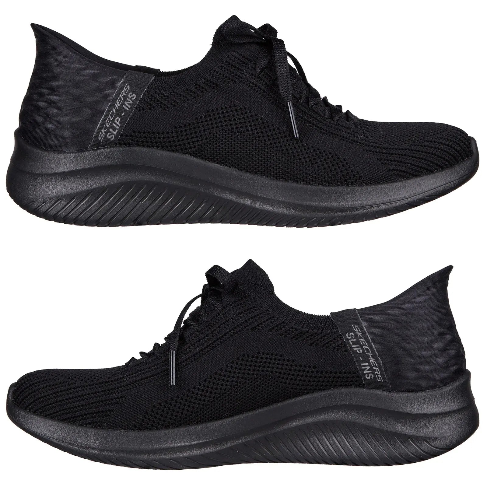 Black athletic shoes are displayed from multiple angles, featuring a lightweight knitted upper and a thick curved sole, designed for comfort and casual wear.