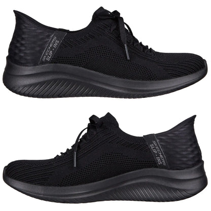 Black athletic shoes are displayed from multiple angles, featuring a lightweight knitted upper and a thick curved sole, designed for comfort and casual wear.