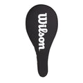 A black tennis racket cover displays the white brand name Wilson prominently on its surface the cover is designed to protect a tennis racket in storage or transport