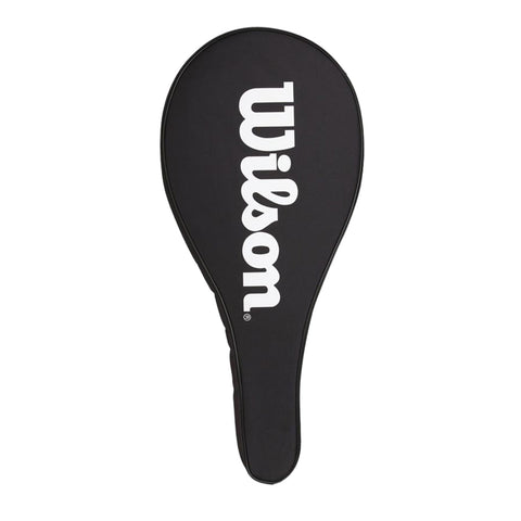 A black tennis racket cover displays the white brand name Wilson prominently on its surface the cover is designed to protect a tennis racket in storage or transport