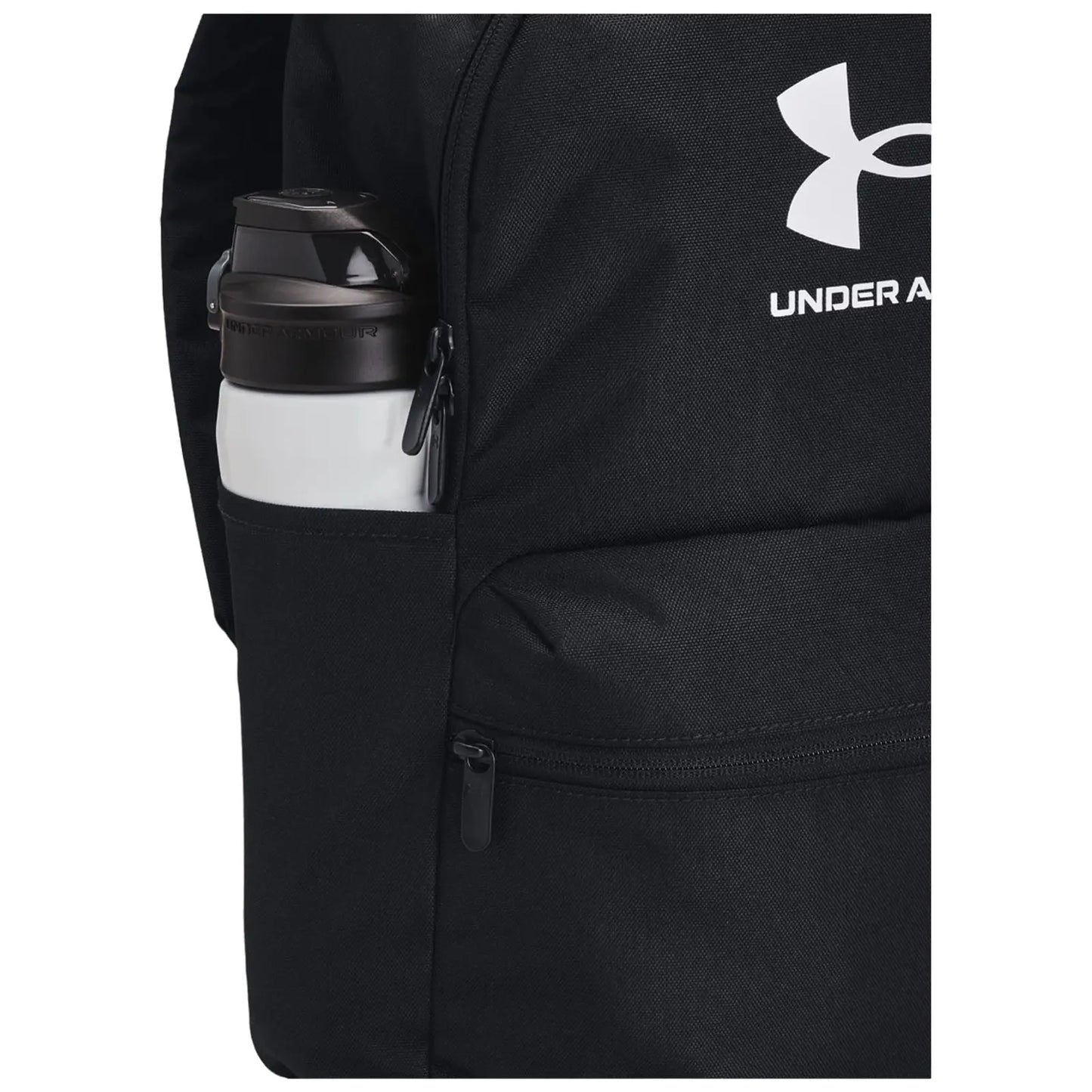 A black backpack features a side pocket holding a white water bottle with a dark cap showcasing the Under Armour logo the backpack is designed for sporty use and convenience.