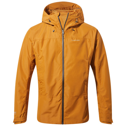 An orange outdoor jacket with a hood is displayed frontally, featuring a zip closure and elasticity in the cuffs, suggesting functionality for weather protection in outdoor environments.