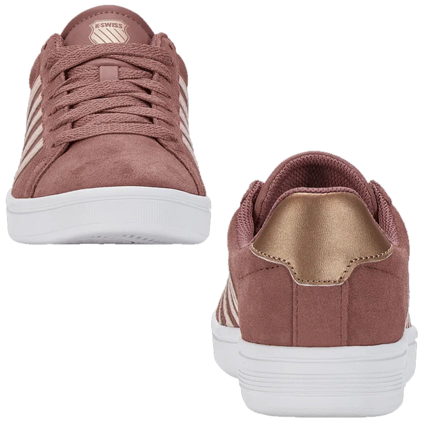 Pair of pink suede sneakers with white rubber soles and laces displaying three white stripes on each side resting against a plain background showcasing their design and color details