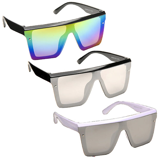 Three pairs of oversized sunglasses are arranged vertically. The top pair has multicolored mirrored lenses. The middle pair features clear lenses. The bottom pair has light-colored lenses.