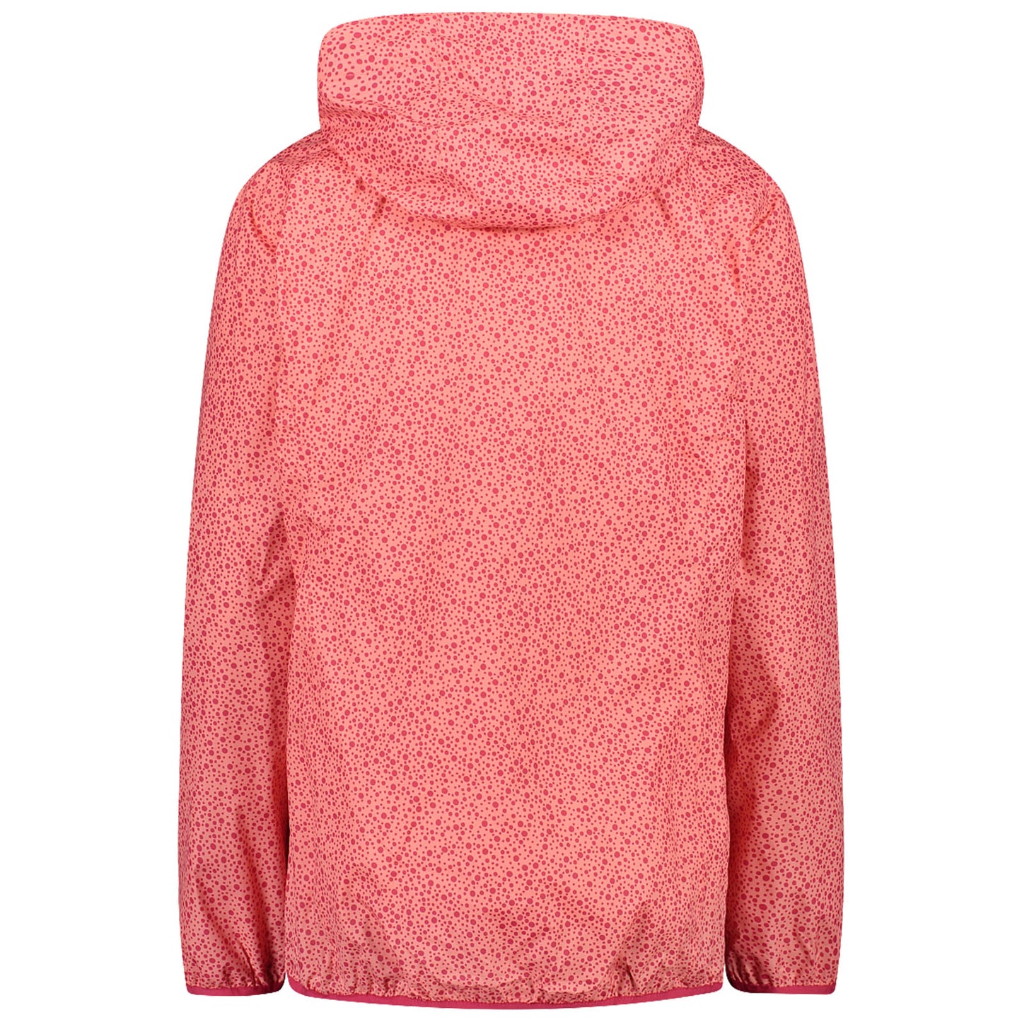 A pink hooded jacket with a spotted pattern hangs down with sleeves visible it appears lightweight suitable for casual or outdoor wear in a relaxed setting.