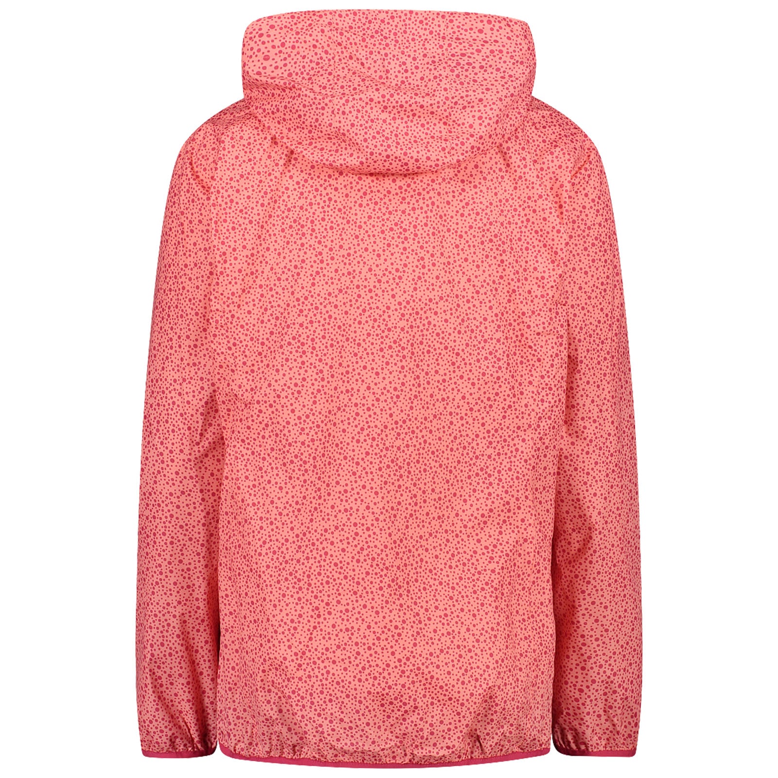 A pink hooded jacket with a spotted pattern hangs down with sleeves visible it appears lightweight suitable for casual or outdoor wear in a relaxed setting.
