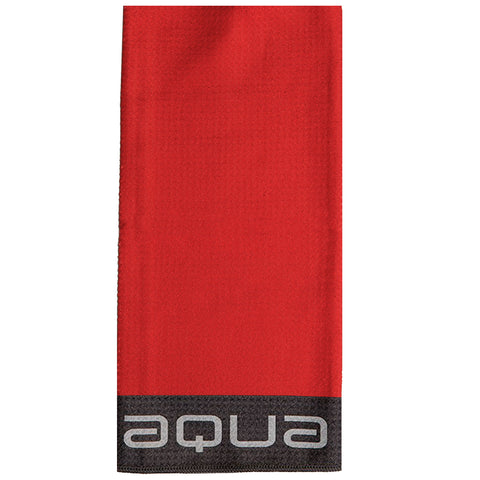A red towel hangs vertically with a black band featuring the text aqua at the bottom, suggesting use for sports or fitness activities in a gym or pool environment.