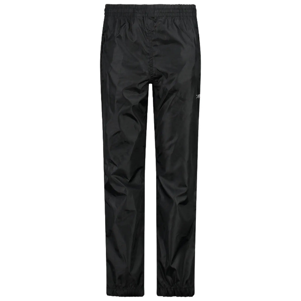 Black waterproof pants stand upright displaying a sleek design with an elastic waistband and gathered ankles used for protection against rain and wind in outdoor environments.