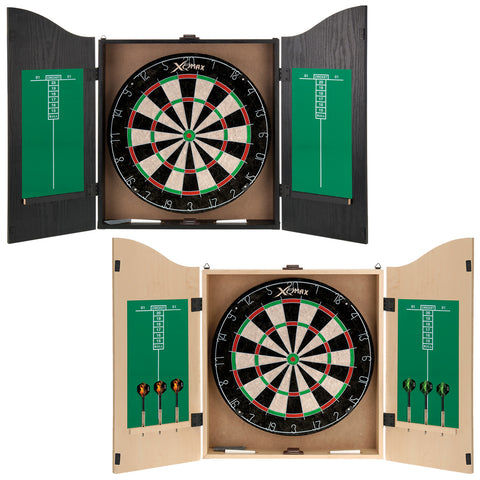 A dartboard setup features two closed cabinets with dartboards and scorekeeping panels. Each cabinet displays darts and includes scoring grids for games like cricket, outlined in green and black.