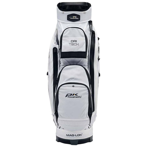 A white and black golf bag stands upright showcasing various zipped compartments for storage with branding from Powakaddy and features labeled DRI TECH and MAG-LOK for functionality.