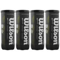 Four cylindrical black cans are stacked side by side featuring the brand name Wilson in bold white letters. Each can contains padel balls, suggesting they are for sports usage.