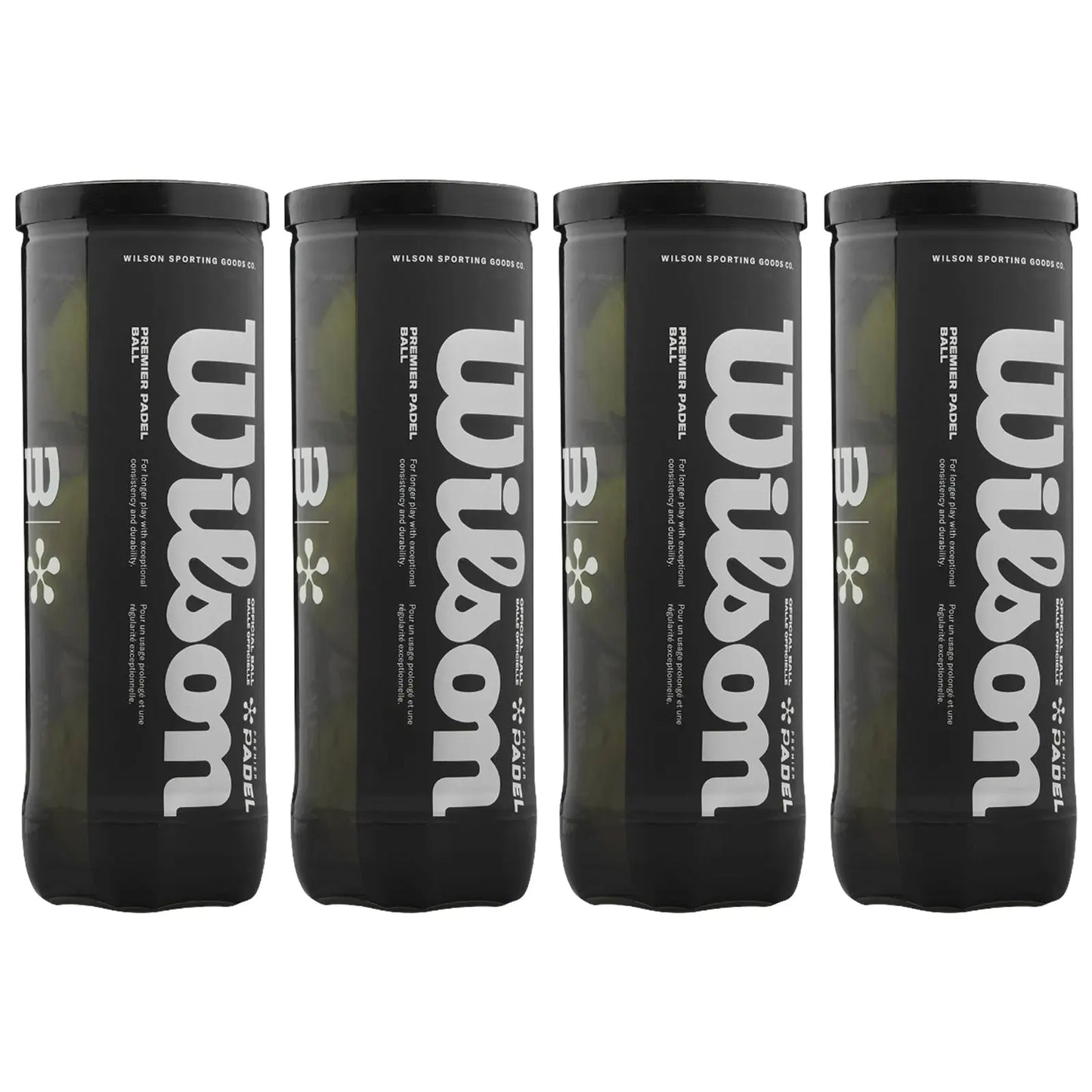Four cylindrical black cans are stacked side by side featuring the brand name Wilson in bold white letters. Each can contains padel balls, suggesting they are for sports usage.