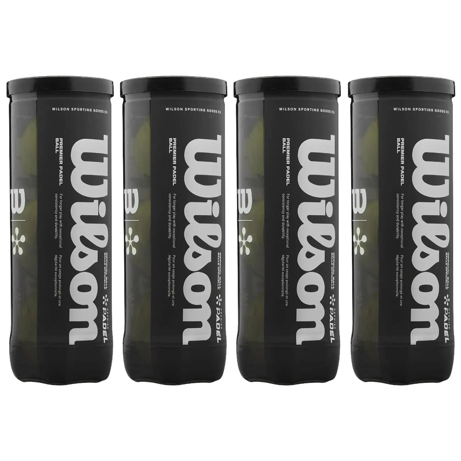Four cylindrical black cans are stacked side by side featuring the brand name Wilson in bold white letters. Each can contains padel balls, suggesting they are for sports usage.
