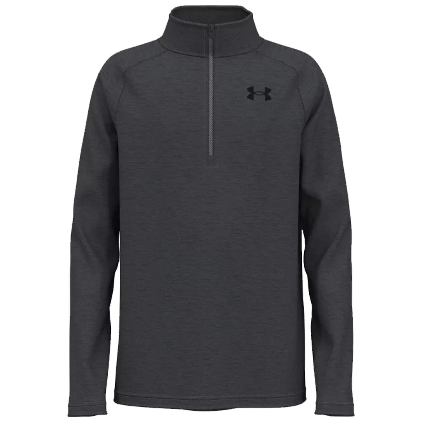 A dark gray athletic pullover is displayed with a half zipper and long sleeves featuring a small logo on the chest designed for casual or sportswear settings.