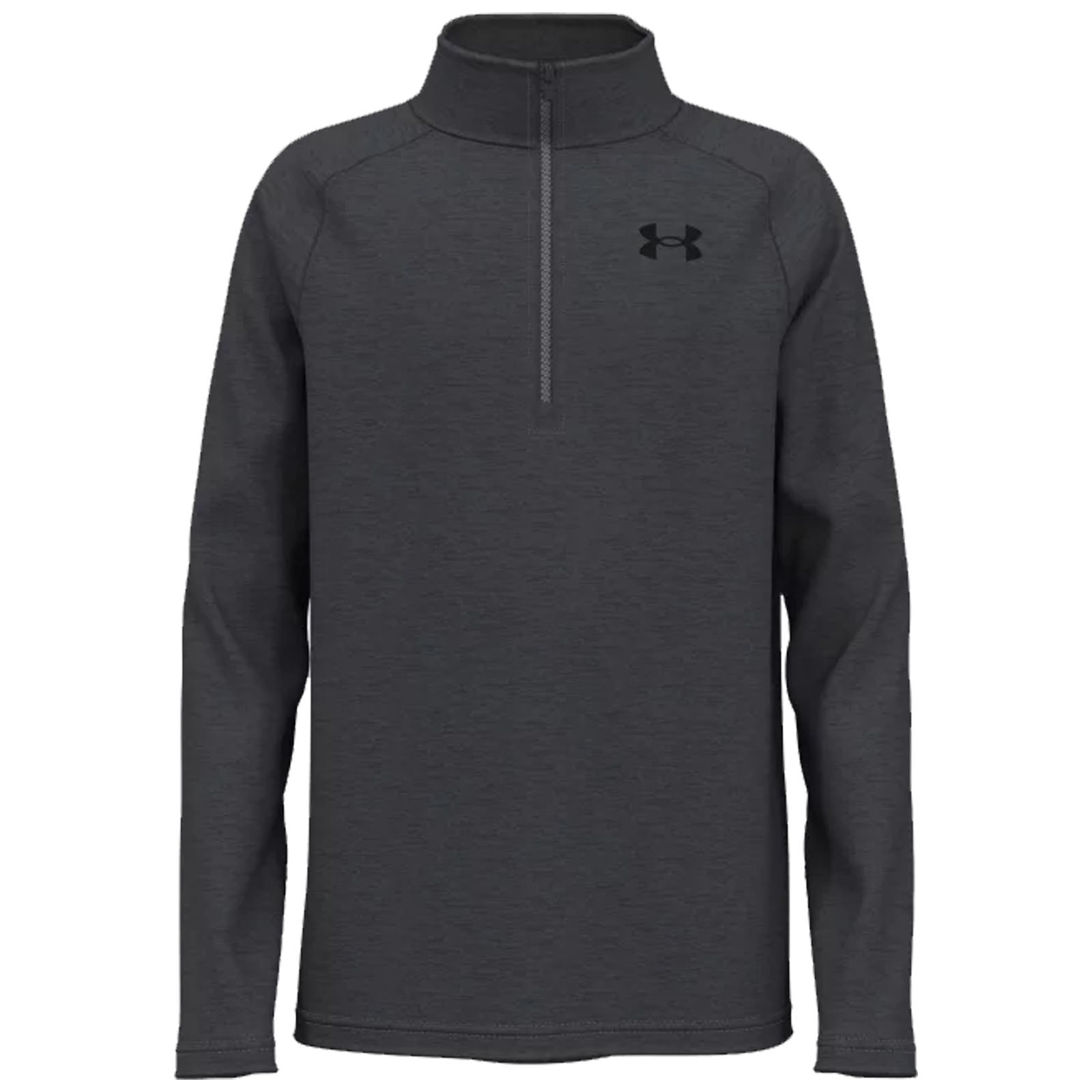 A dark gray athletic pullover is displayed with a half zipper and long sleeves featuring a small logo on the chest designed for casual or sportswear settings.