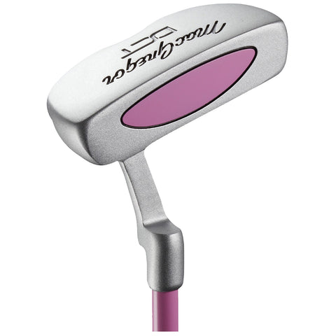 A golf putter made of silver metal with a pink striking surface is positioned upright showing its curved head and streamlined handle designed for precise putting on a green golf course.