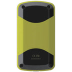 A rectangular device with a bright yellow casing and black ends sits flat against a surface showcasing its smooth design and subtle branding on the underside.