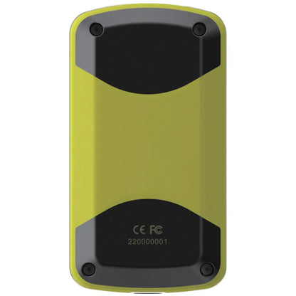 A rectangular device with a bright yellow casing and black ends sits flat against a surface showcasing its smooth design and subtle branding on the underside.