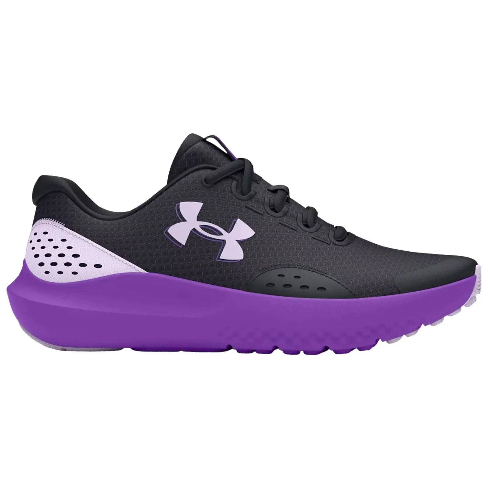 A black athletic shoe with purple accents features a breathable upper and a thick purple sole designed for comfort and support in active sports settings.