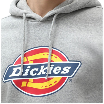 A gray hoodie features a prominent circular logo with the word Dickies across it in white against a blue banner on a red background with yellow accents.