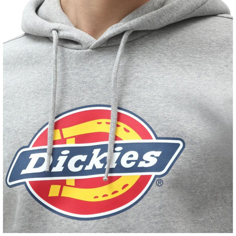 A gray hoodie features a prominent circular logo with the word Dickies across it in white against a blue banner on a red background with yellow accents.