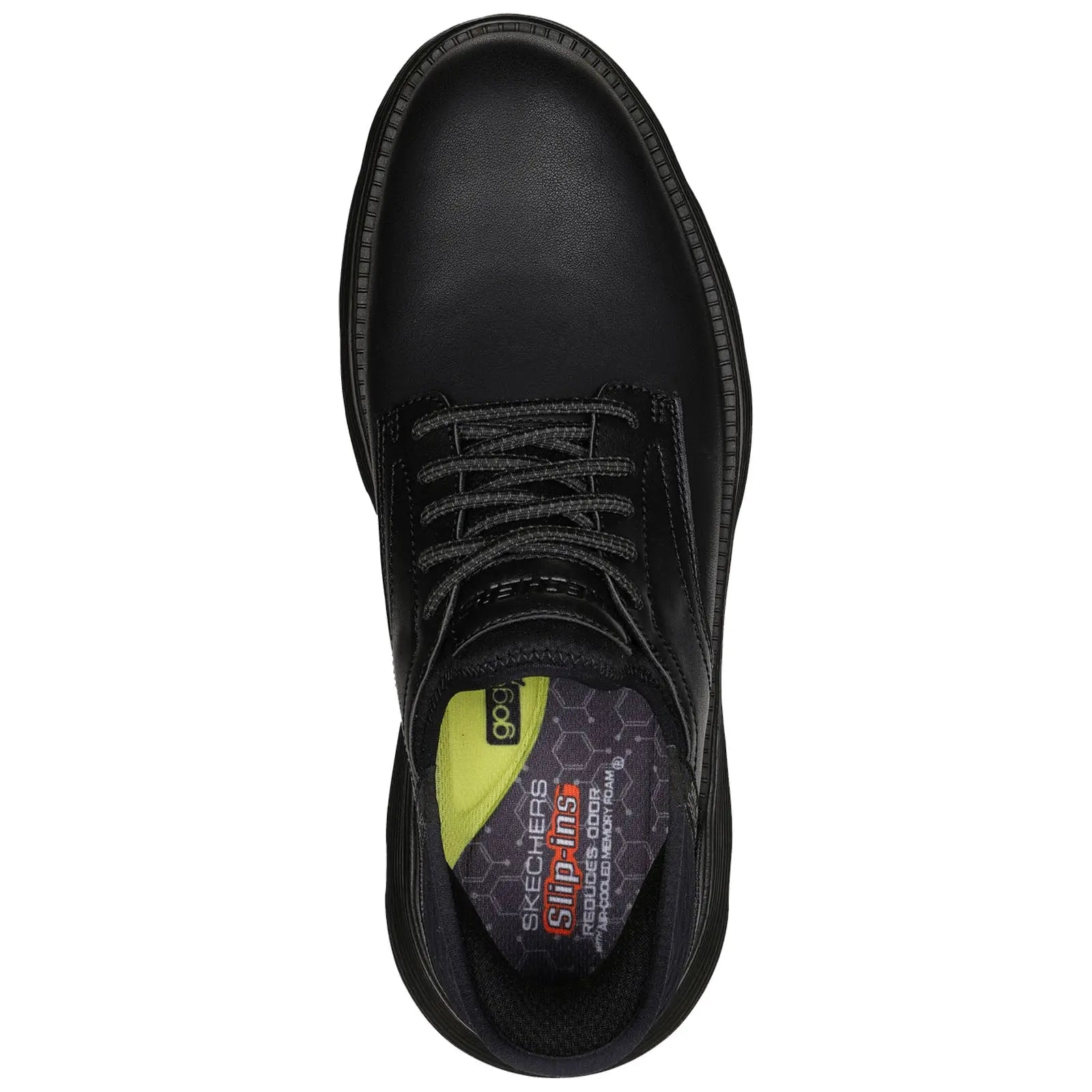 A black dress shoe sits upright showcasing a smooth leather exterior and textured laces with a cushioned insole featuring brand details and comfort technology in a neutral background.