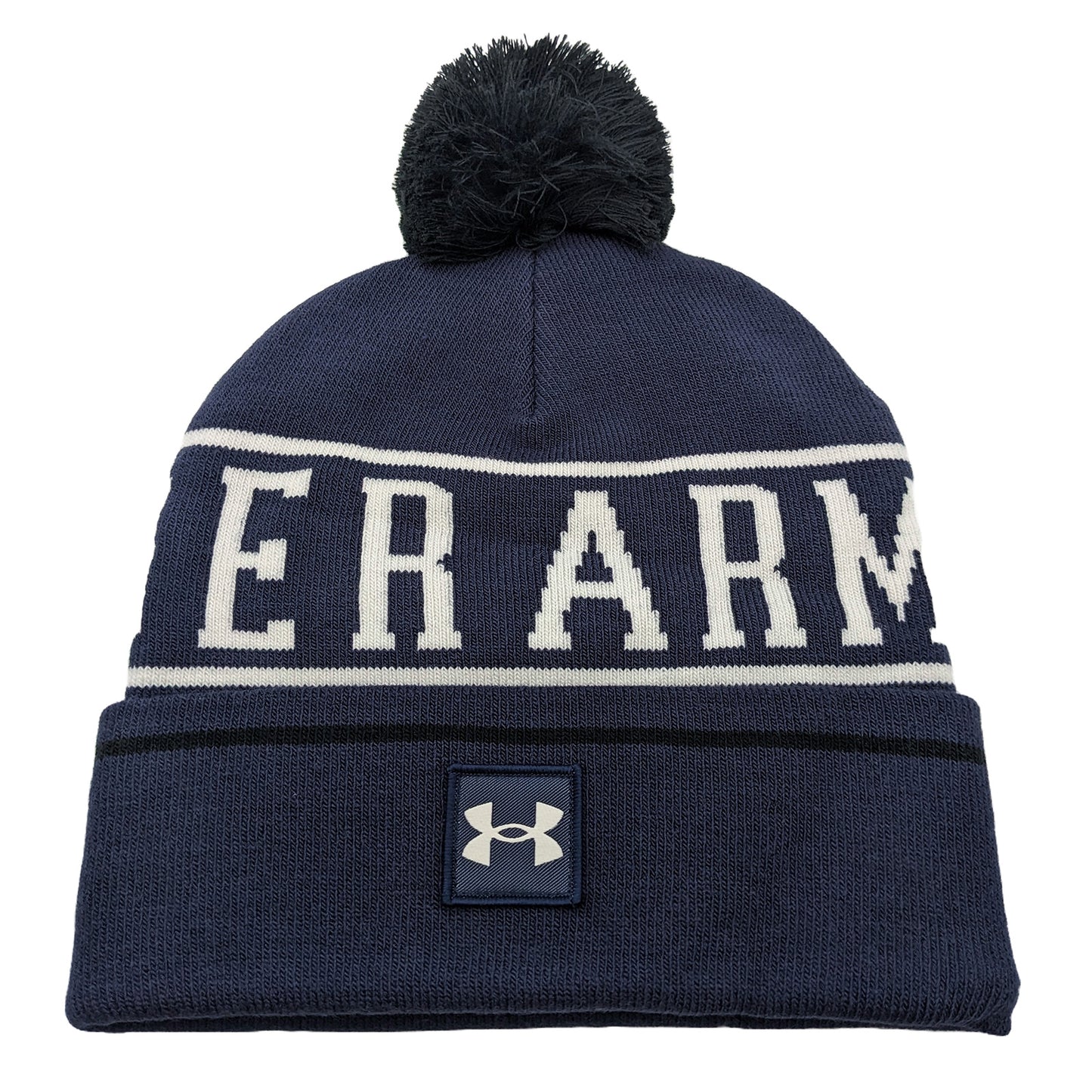 A dark navy beanie hat with a white stripe features the word "ARMOUR" prominently displayed. It has a black pom-pom on top and displays an Under Armour logo on the front.