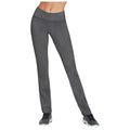 Gray athletic leggings are displayed standing upright with a fitted waist and a shiny texture showcasing a sleek design against a neutral background emphasizing the garment's sporty aesthetic.