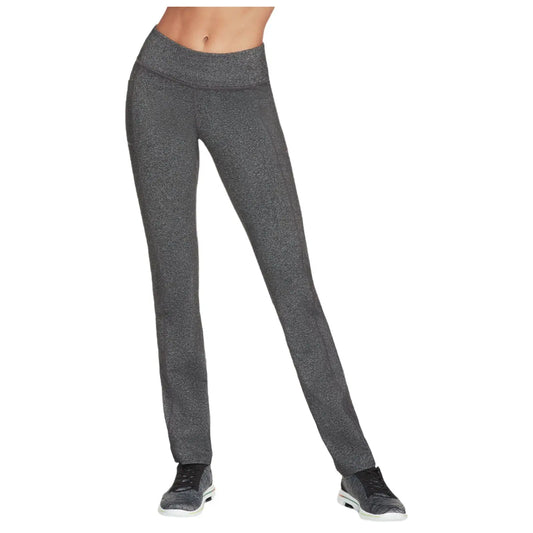 Gray athletic leggings are displayed standing upright with a fitted waist and a shiny texture showcasing a sleek design against a neutral background emphasizing the garment's sporty aesthetic.