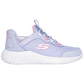 A lavender sneaker with a white sole features a slip-on design and colorful accents including light blue and pink elements displaying the brand name Skechers prominently on the side.