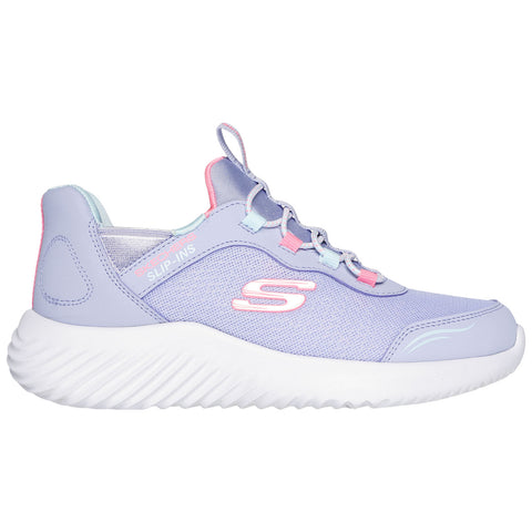 A lavender sneaker with a white sole features a slip-on design and colorful accents including light blue and pink elements displaying the brand name Skechers prominently on the side.