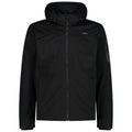 A black jacket featuring a hood is displayed frontally unzipped showcasing its sleek design and material suitable for outdoor activities in various weather conditions.