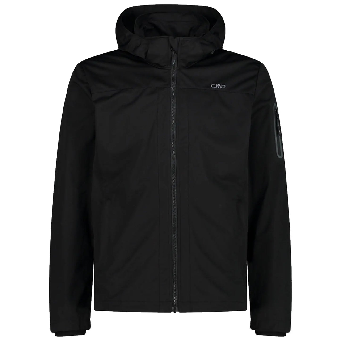 A black jacket featuring a hood is displayed frontally unzipped showcasing its sleek design and material suitable for outdoor activities in various weather conditions.