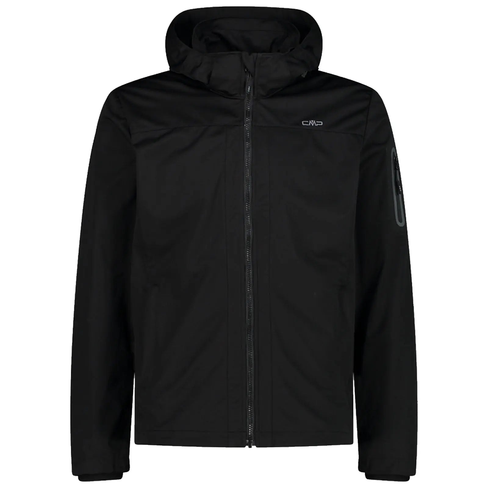 A black jacket featuring a hood is displayed frontally unzipped showcasing its sleek design and material suitable for outdoor activities in various weather conditions.