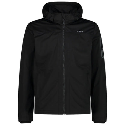 A black jacket featuring a hood is displayed frontally unzipped showcasing its sleek design and material suitable for outdoor activities in various weather conditions.
