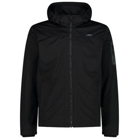 A black jacket featuring a hood is displayed frontally unzipped showcasing its sleek design and material suitable for outdoor activities in various weather conditions.