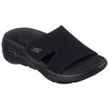 A black sandal featuring a mesh upper and open toe design rests on a flat surface showcasing its lightweight structure suitable for casual wear or indoor use.