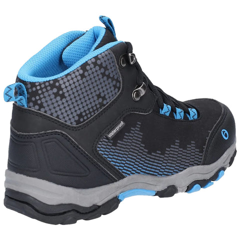 Black waterproof hiking boot with blue accents and a textured upper is positioned upright against a plain background showcasing its design and features including a reinforced toe and padded collar.