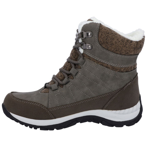 A gray high-top boot with a textured upper features laces and a fur-lined collar designed for outdoor wear on cold, rugged terrain, offering warmth and grip to the wearer.