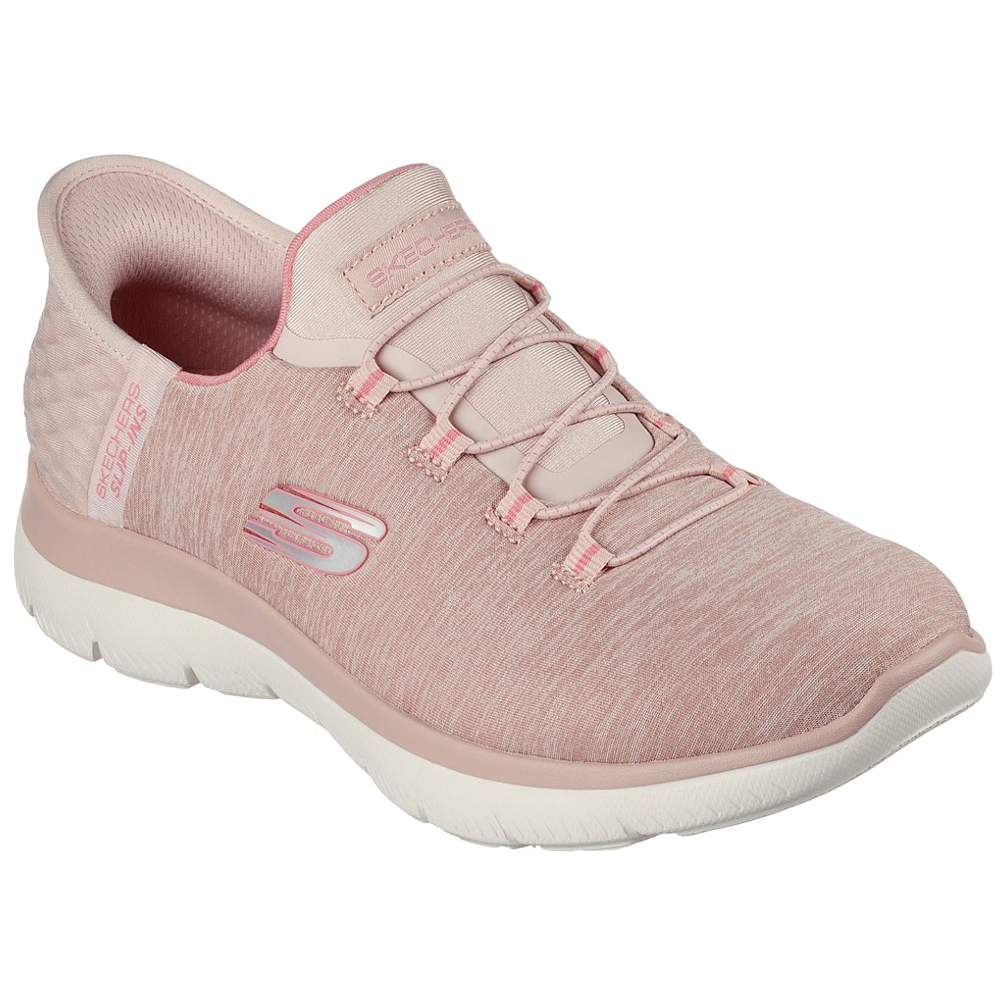 Light pink athletic shoes with a textured upper are displayed side by side showcasing a sleek design and cushioned soles set against a plain white background