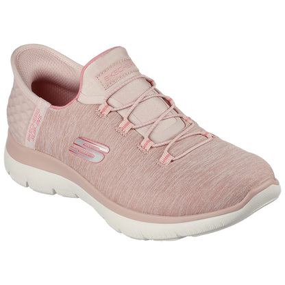 Light pink athletic shoes with a textured upper are displayed side by side showcasing a sleek design and cushioned soles set against a plain white background