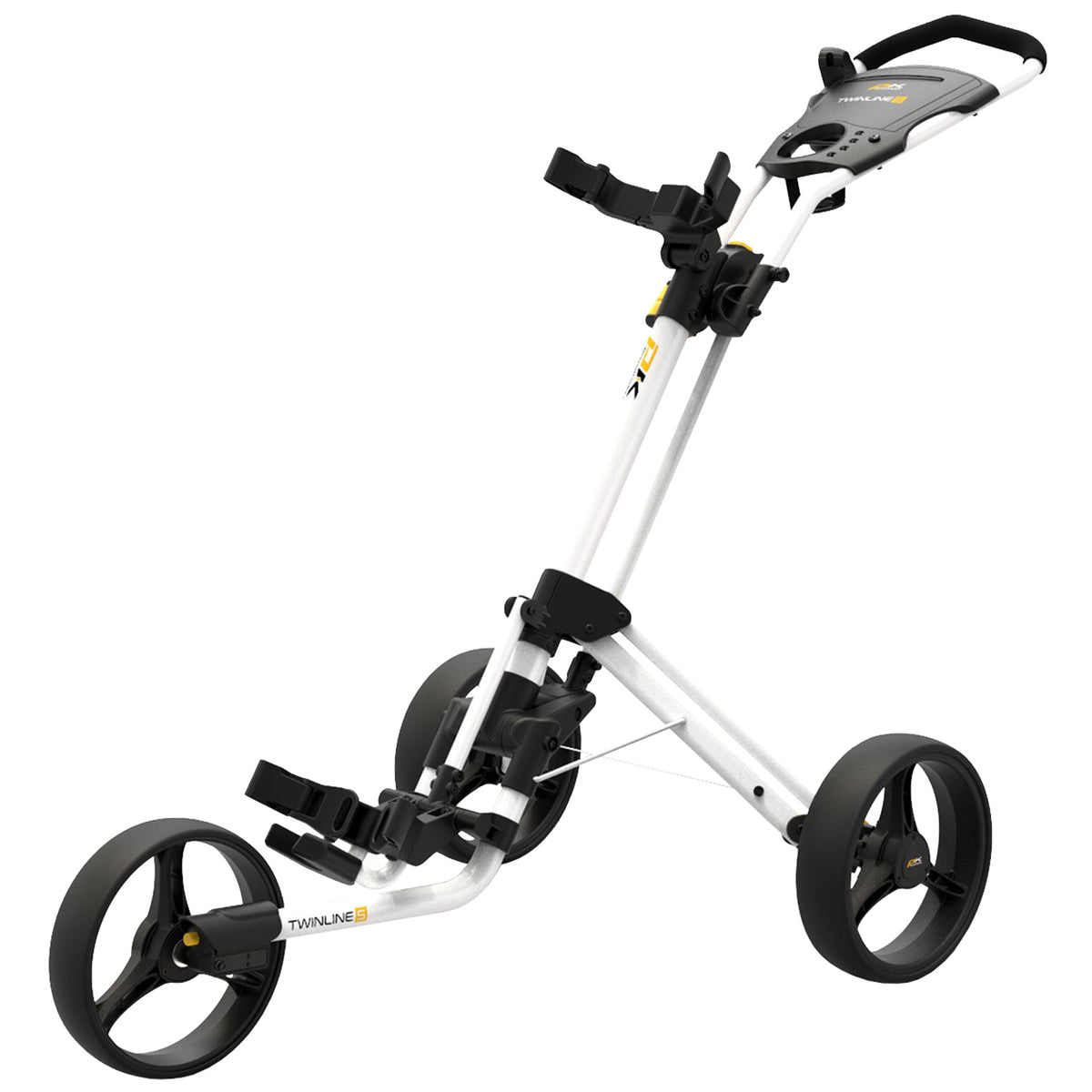 A golf push cart stands upright with three wheels designed for easy movement while carrying golf bags. It features a handle with a grip and adjustable straps for securing the bag.