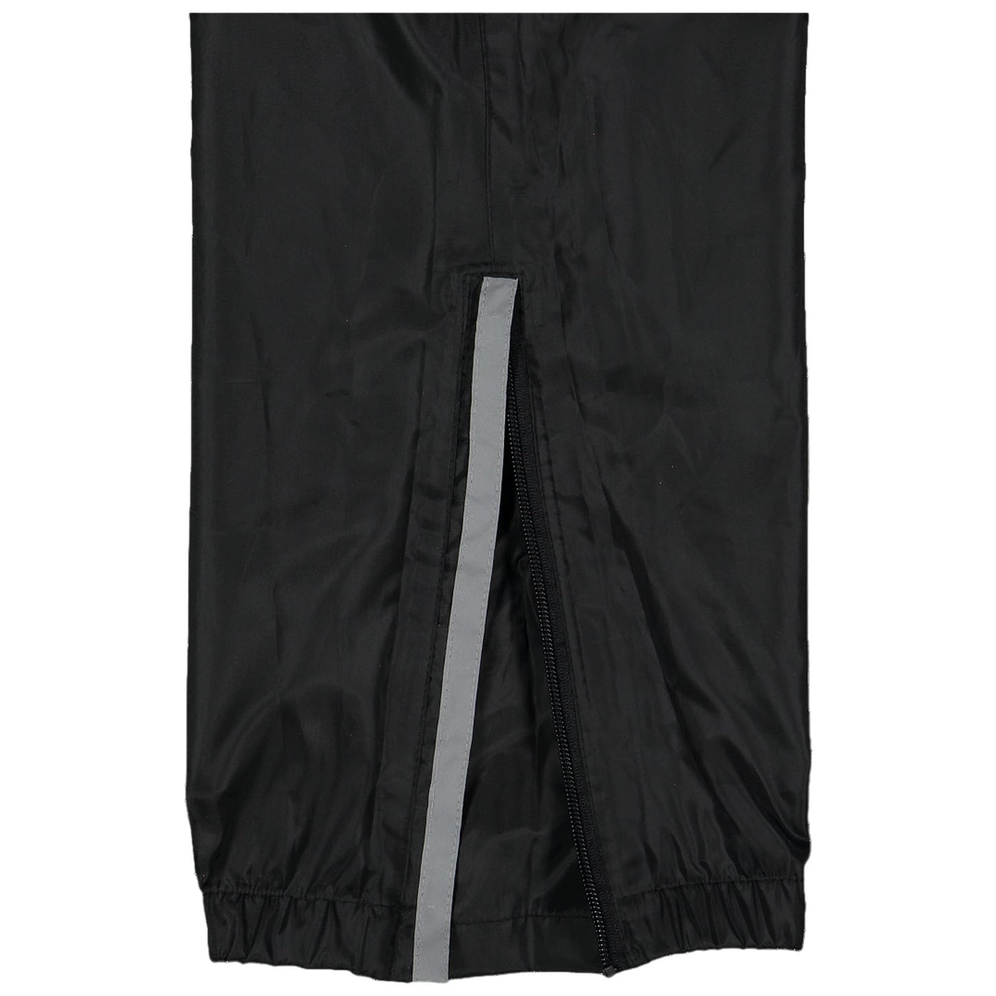 A pair of black windbreaker pants is displayed with a zipper running along the side and a reflective strip next to it the fabric appears lightweight suitable for outdoor activities